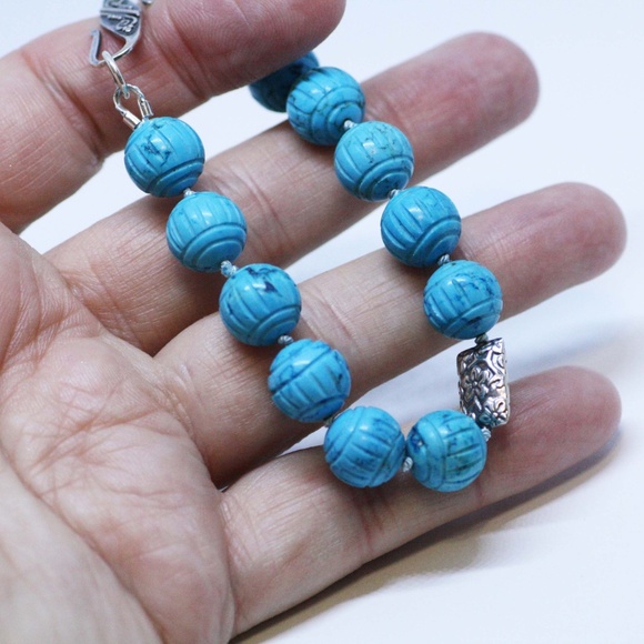 Natural Carved Turquoise Bracelet Handmade Sterling Silver 11th Anniversary - Picture 10 of 10